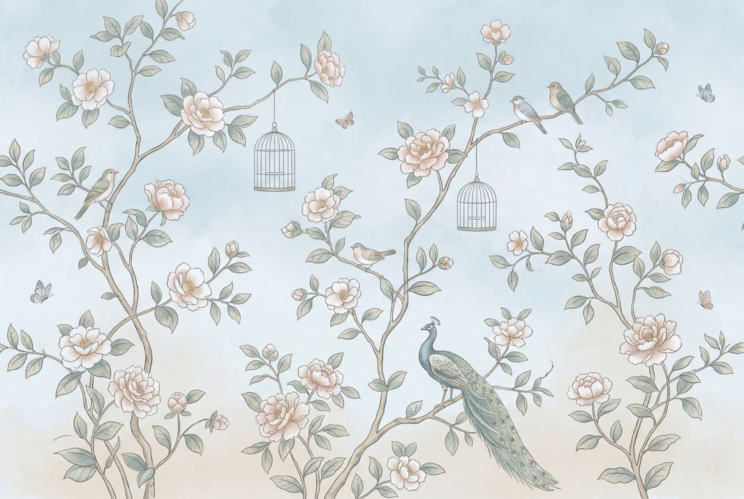 Chinoiserie Inspired Wallpaper Floral Branches Peacock Wall Mural pattern artwork