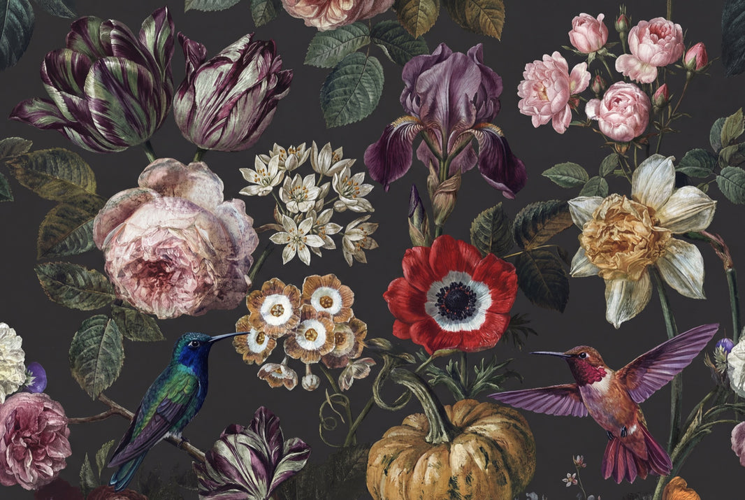 Dark Botanical Wallpaper Vintage Floral Hummingbirds Removable Wall Decor pattern artwork