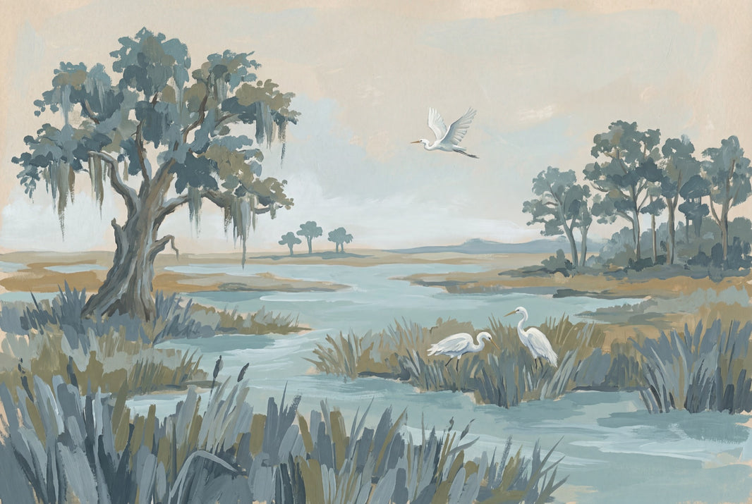 Coastal Marsh Wallpaper Wetland Landscape Egrets Removable Wall Decor pattern artwork
