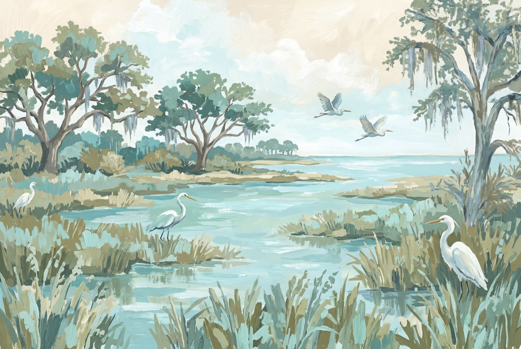 Coastal Marsh Wallpaper Wetlands Removable Egrets Wall Decor pattern artwork
