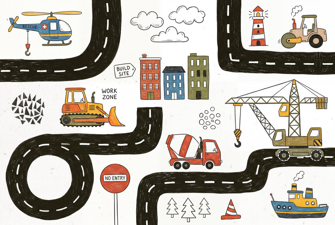 White Background Wallpaper Construction Vehicles Kids Road Map Removable Wall Decor pattern artwork