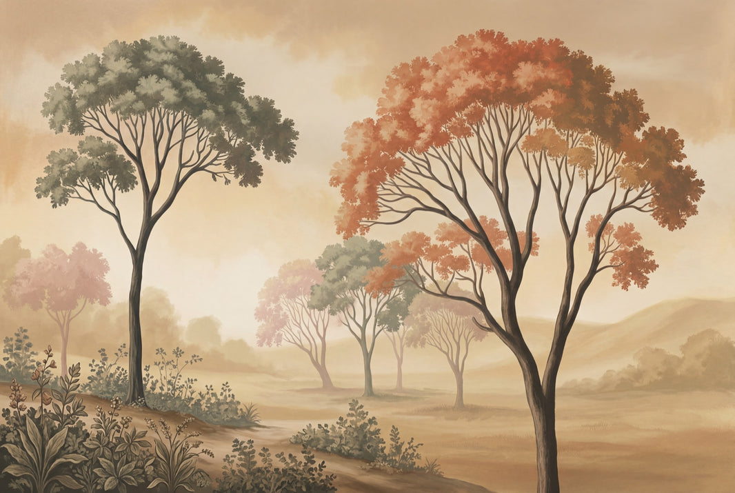 Pastoral Landscape Wallpaper Misty Countryside Tall Trees Wall Mural pattern artwork