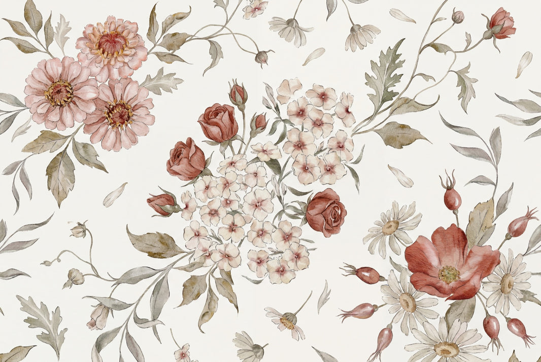 Watercolor Floral Wallpaper Botanical Illustration Cream Background Wall Mural pattern artwork