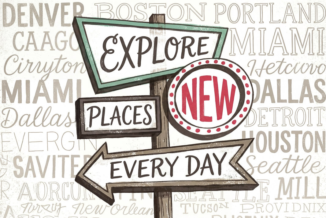 Travel Typography Wallpaper Signpost Explore Wall Mural pattern artwork