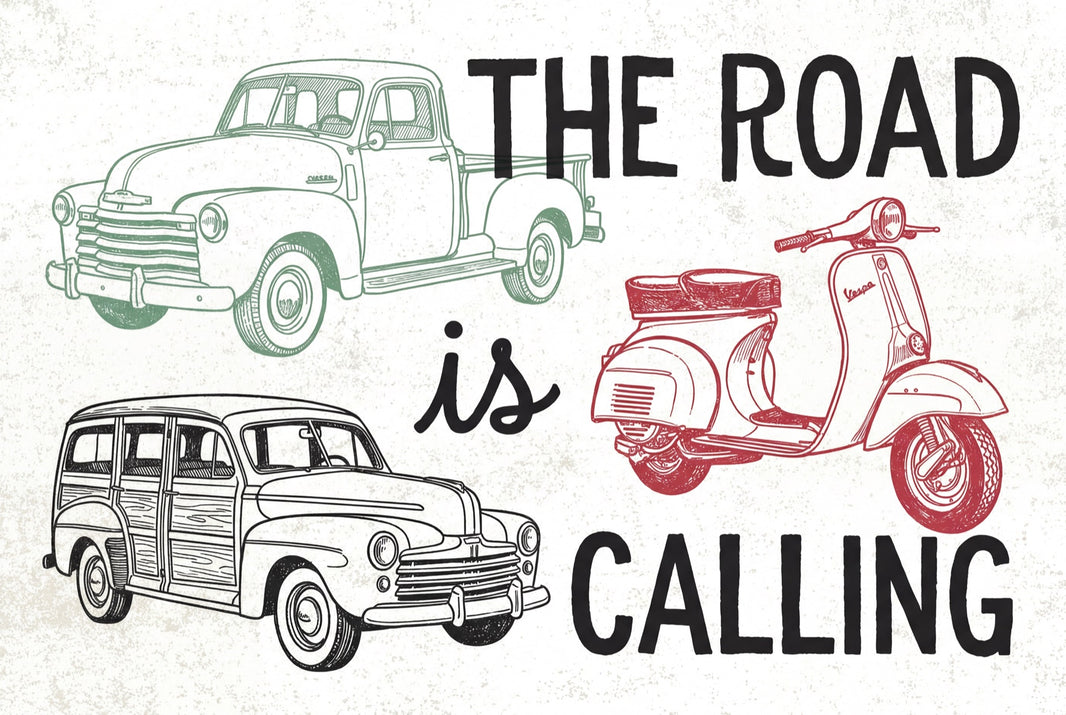 Muted Green Wallpaper Road Trip Removable Vintage Vehicle Wall Decor pattern artwork