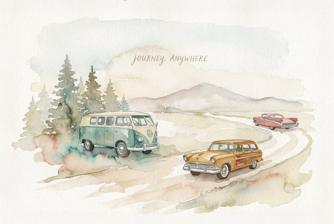 Road Trip Wallpaper Watercolor Vintage Cars Wall Mural pattern artwork