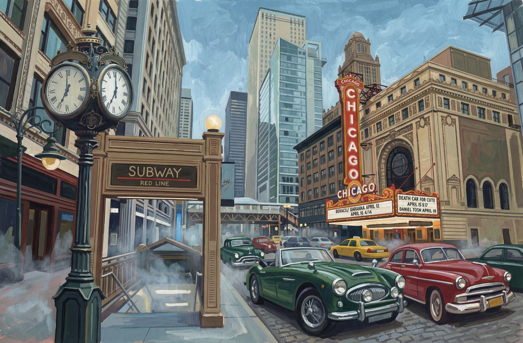 Chicago Cityscape Wallpaper Urban Street Theater Marquee Removable Wall Decor pattern artwork