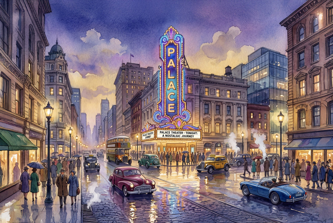 Vintage Cityscape Wallpaper Theater Marquee Rainy Street Reflections Wall Mural pattern artwork