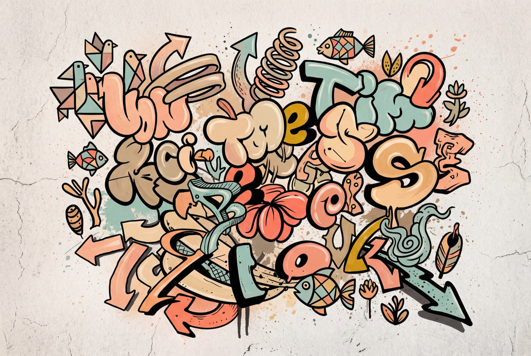 Abstract Graffiti Wallpaper Bubble Lettering Arrows Wall Mural pattern artwork