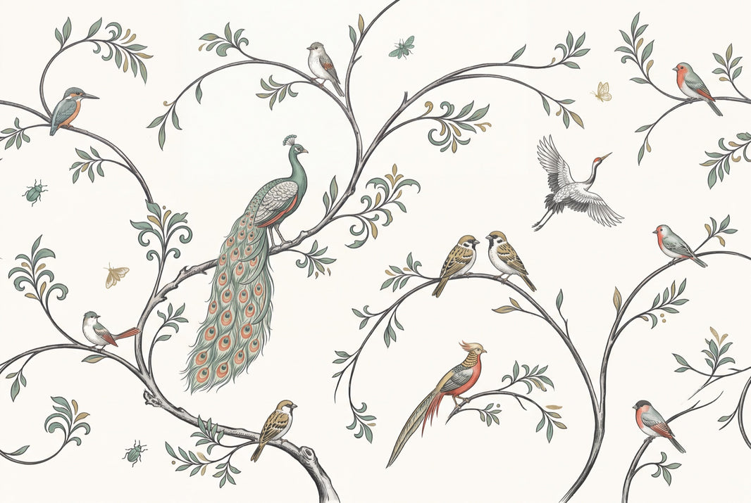 Muted Green Wallpaper Vintage Birds Removable Botanical Wall Decor pattern artwork