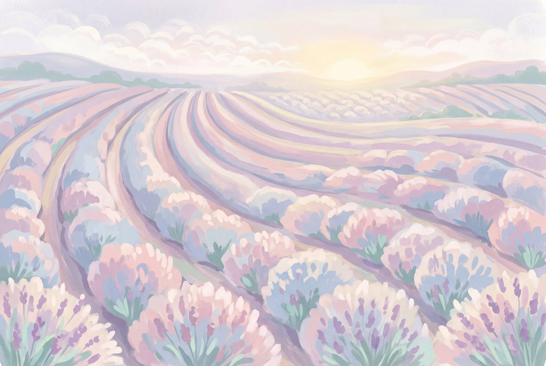 Pastel Lavender Field Wallpaper Rolling Farmland Rows Sunrise Horizon Wall Mural pattern artwork