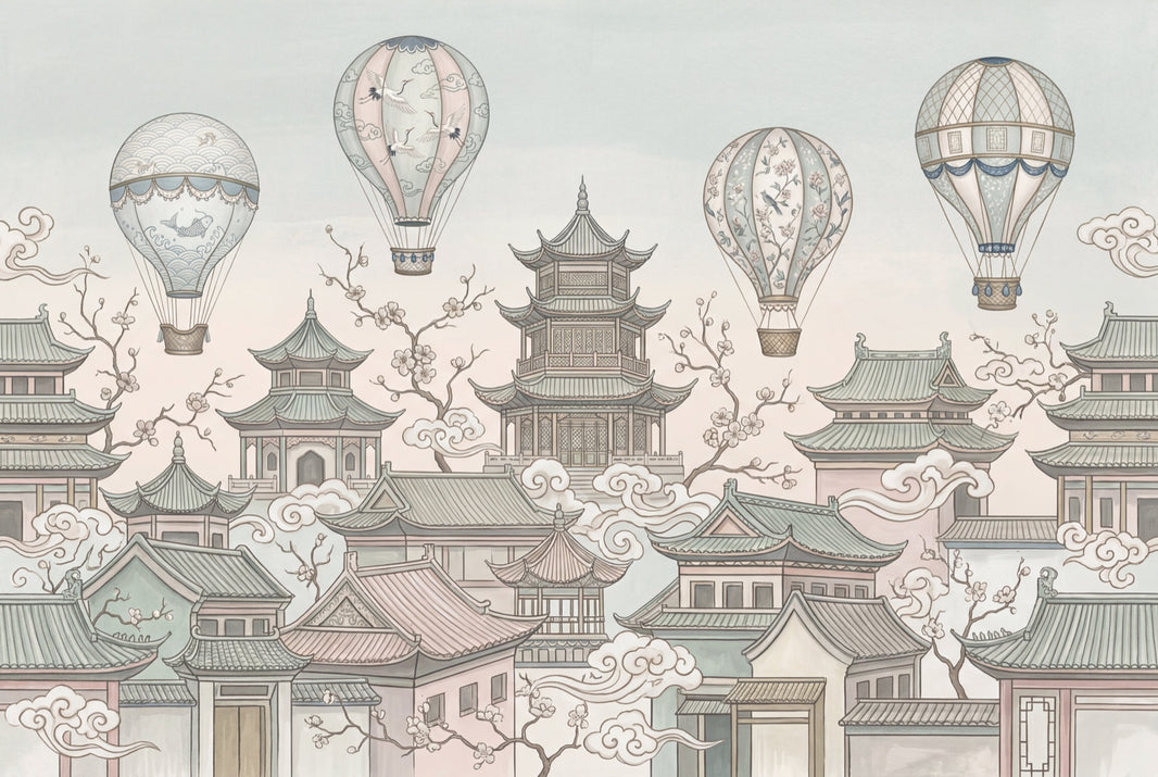 Asian Pagoda Rooftops Wallpaper Hot Air Balloons Chinoiserie Wall Mural pattern artwork
