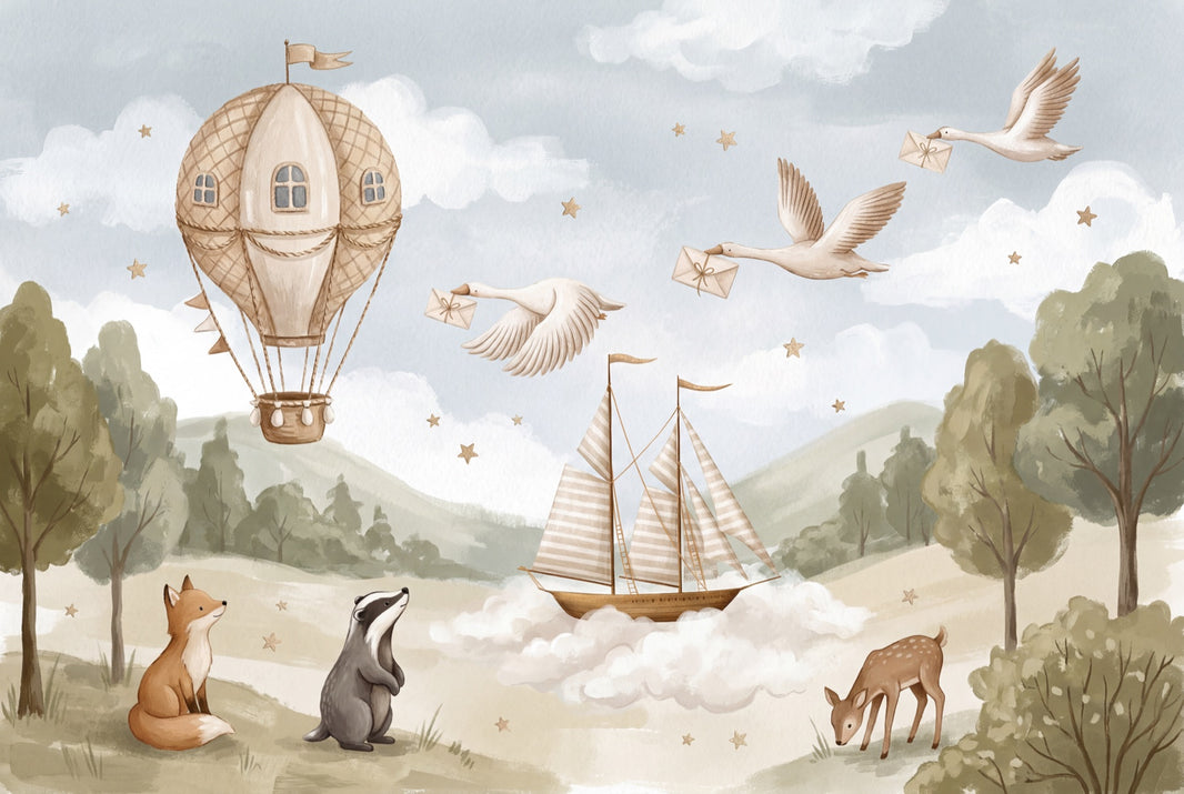 Hot Air Balloon Wallpaper Airship Flying House Wall Mural pattern artwork