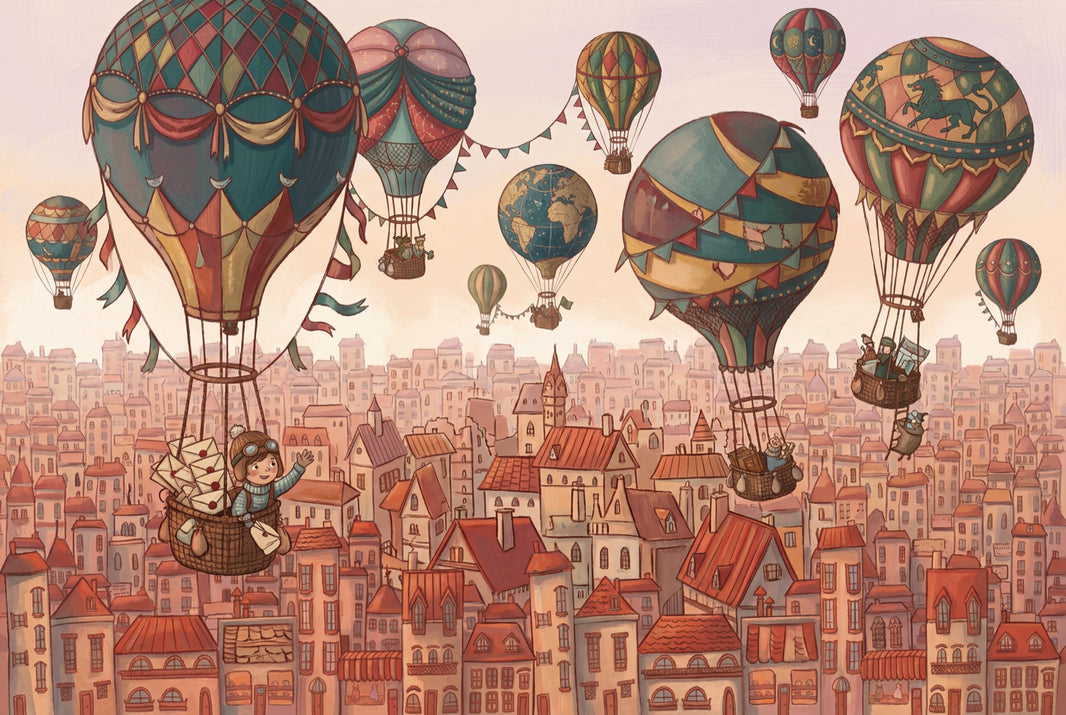 World Map Wallpaper Hot Air Balloon City Skyline Wall Mural pattern artwork