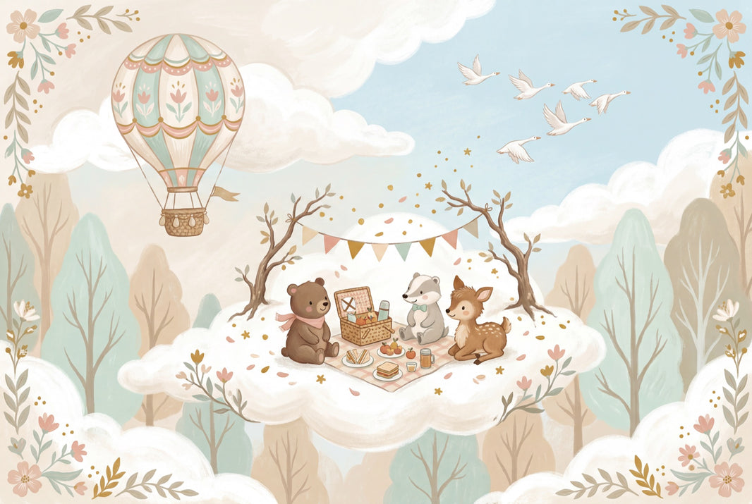 Hot Air Balloon Wallpaper Cloud Picnic Woodland Animal Removable Wall Decor pattern artwork