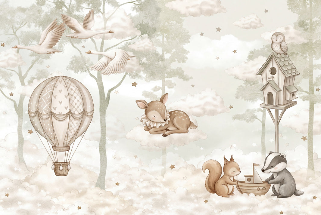 Misty Forest Wallpaper Hot Air Balloon Removable Wall Decor pattern artwork