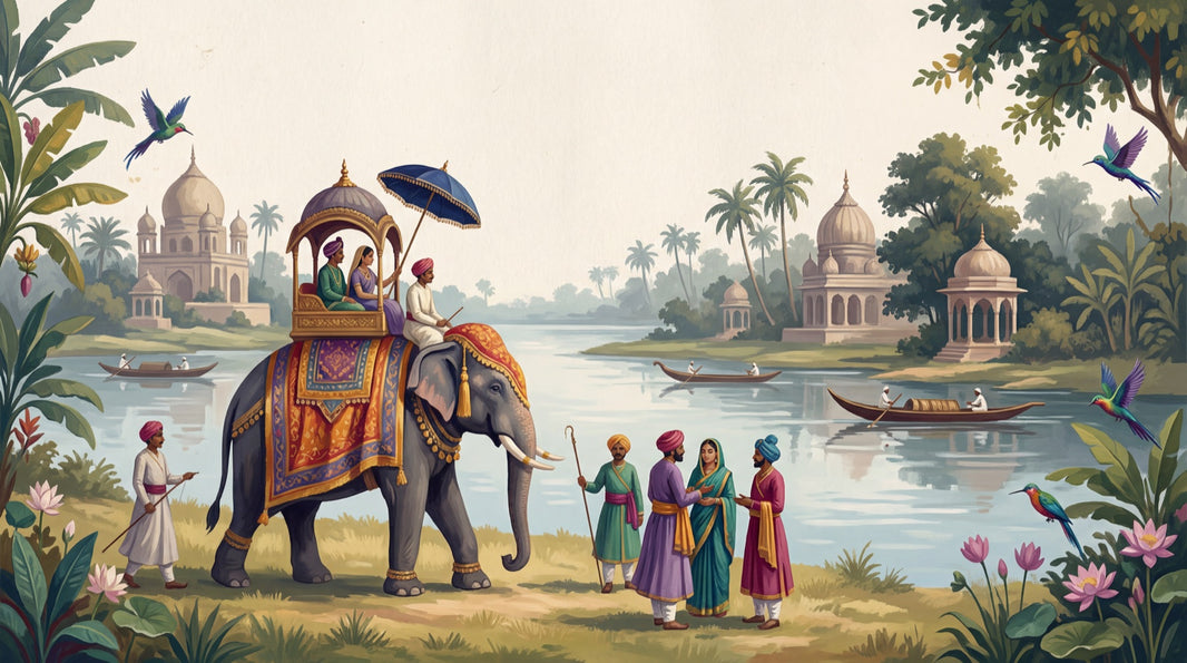 Elephant Procession Wallpaper Indian Landscape Palace Domes Wall Mural pattern artwork