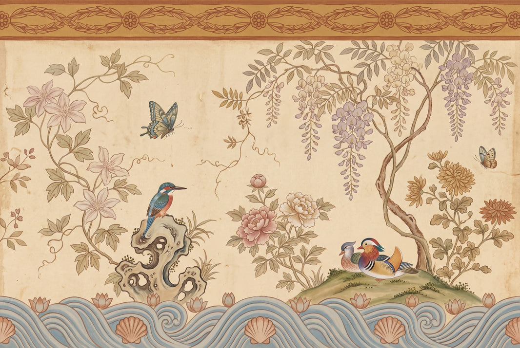 Vintage Botanical Wallpaper Birds And Butterflies Wisteria Branches Removable Wall Decor pattern artwork