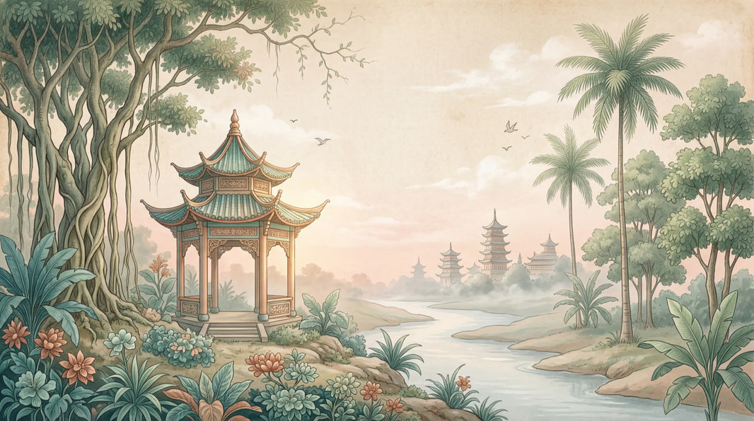Asian Landscape Wallpaper Pagoda Pavilion Removable Wall Decor pattern artwork