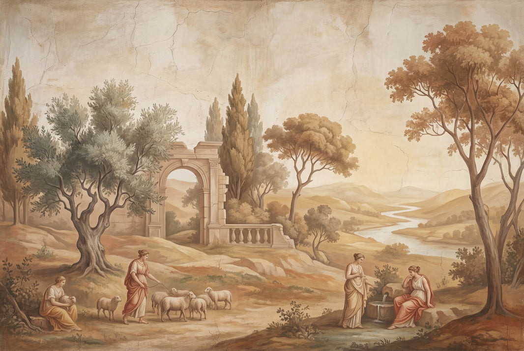 Classical Pastoral Landscape Wallpaper Antique Fresco Roman Arch Ruin Wall Mural pattern artwork