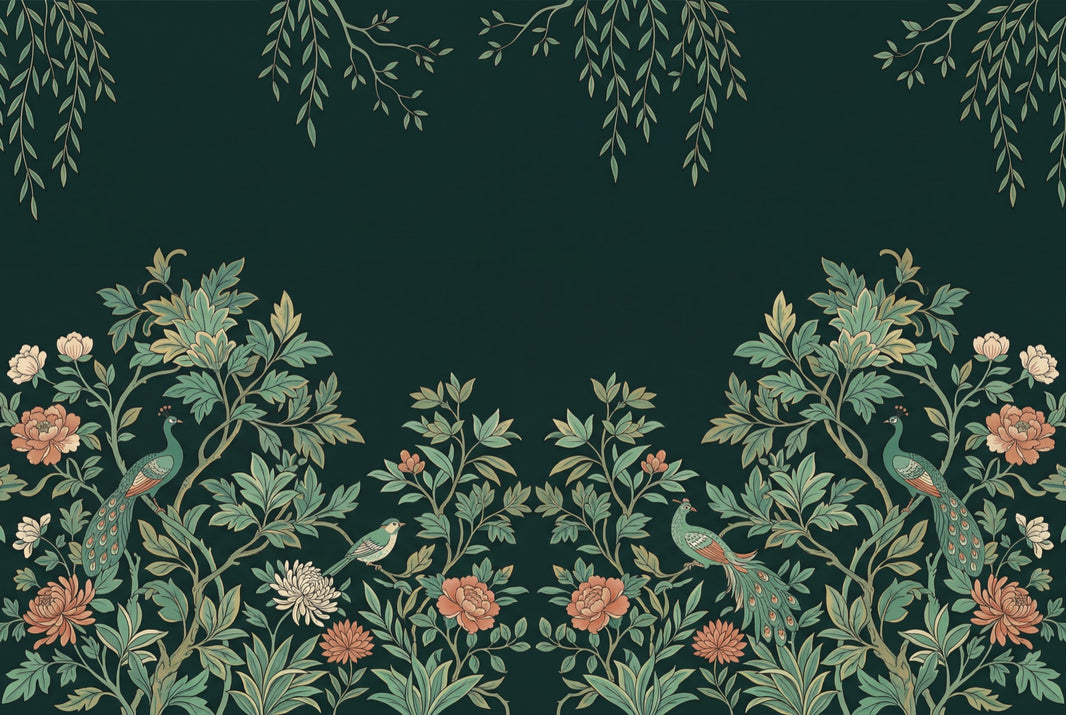 Peacocks Wallpaper Chinoiserie Removable Vintage Illustration Wall Decor pattern artwork
