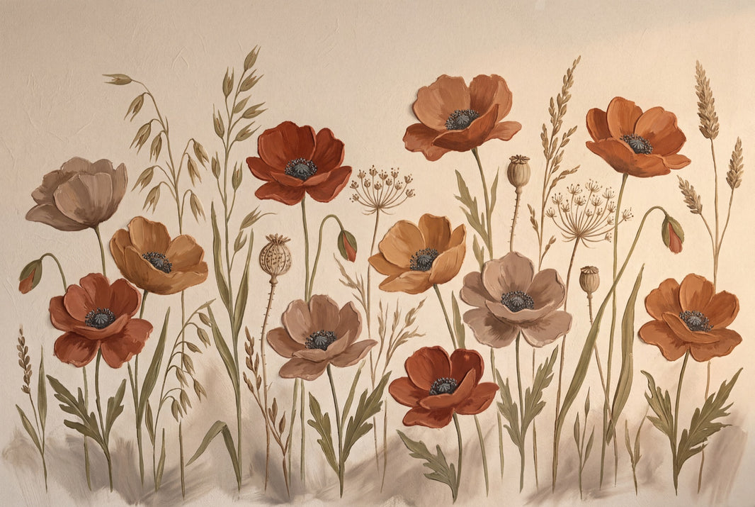 Wildflower Meadow Wallpaper Poppies Botanical Illustration Removable Wall Decor pattern artwork