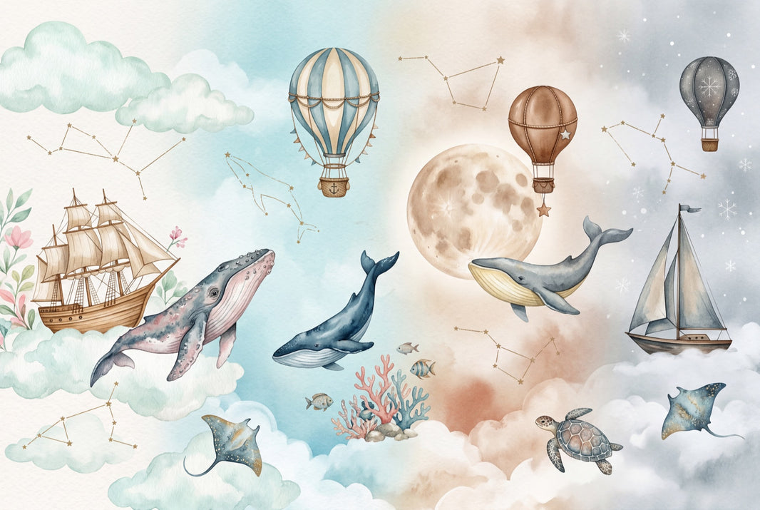 Whales Wallpaper Watercolor Whimsical Wall Mural pattern artwork