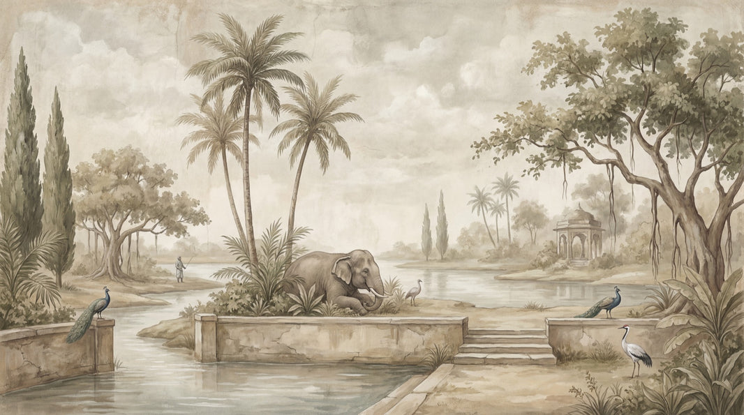Elephant Landscape Wallpaper Pavilion Vintage Wall Decor pattern artwork