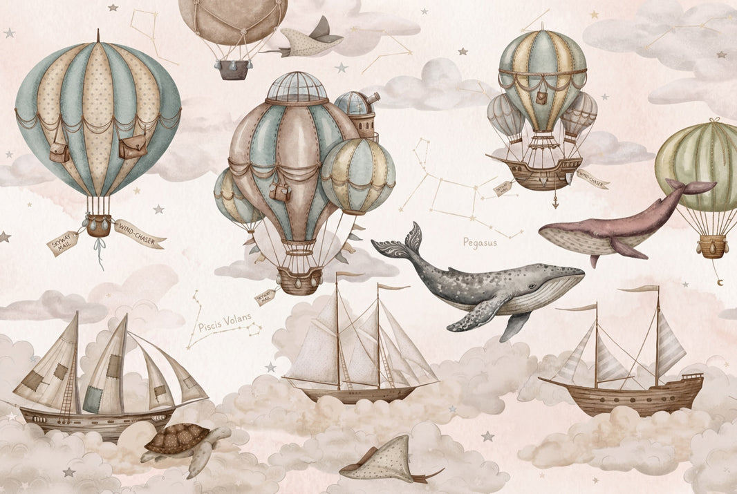 Hot Air Balloons Wallpaper Airships Flying Whales Removable Wall Decor pattern artwork