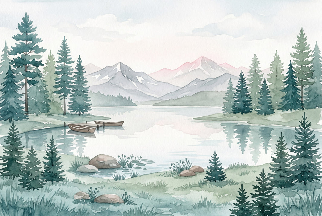 Watercolor Landscape Wallpaper Mountain Lake Pine Trees Wall Mural pattern artwork