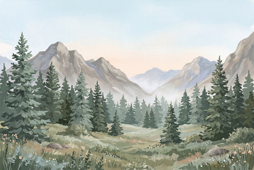 Mountain Landscape Wallpaper Pine Forest Removable Watercolor Wall Decor pattern artwork