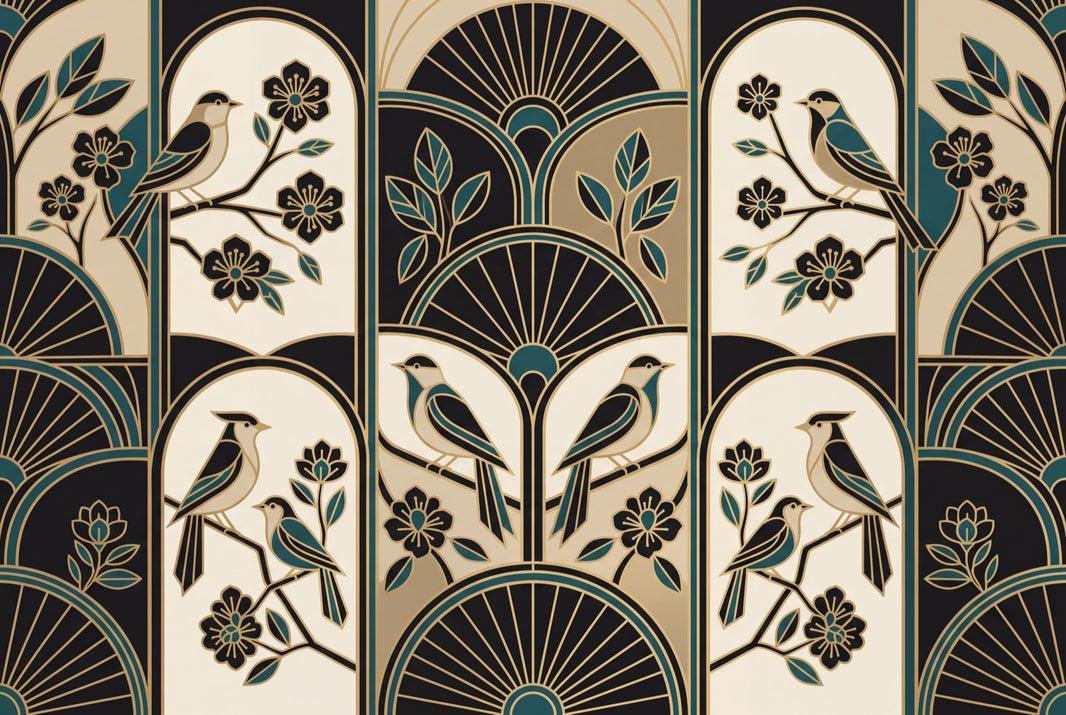 Art Deco Wallpaper Birds Teal And Gold Accents Wall Mural pattern artwork