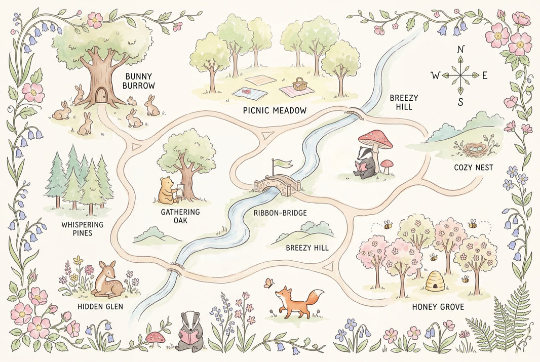 Whimsical Woodland Map Wallpaper Storybook Illustration Pastel Watercolor Wall Mural pattern artwork