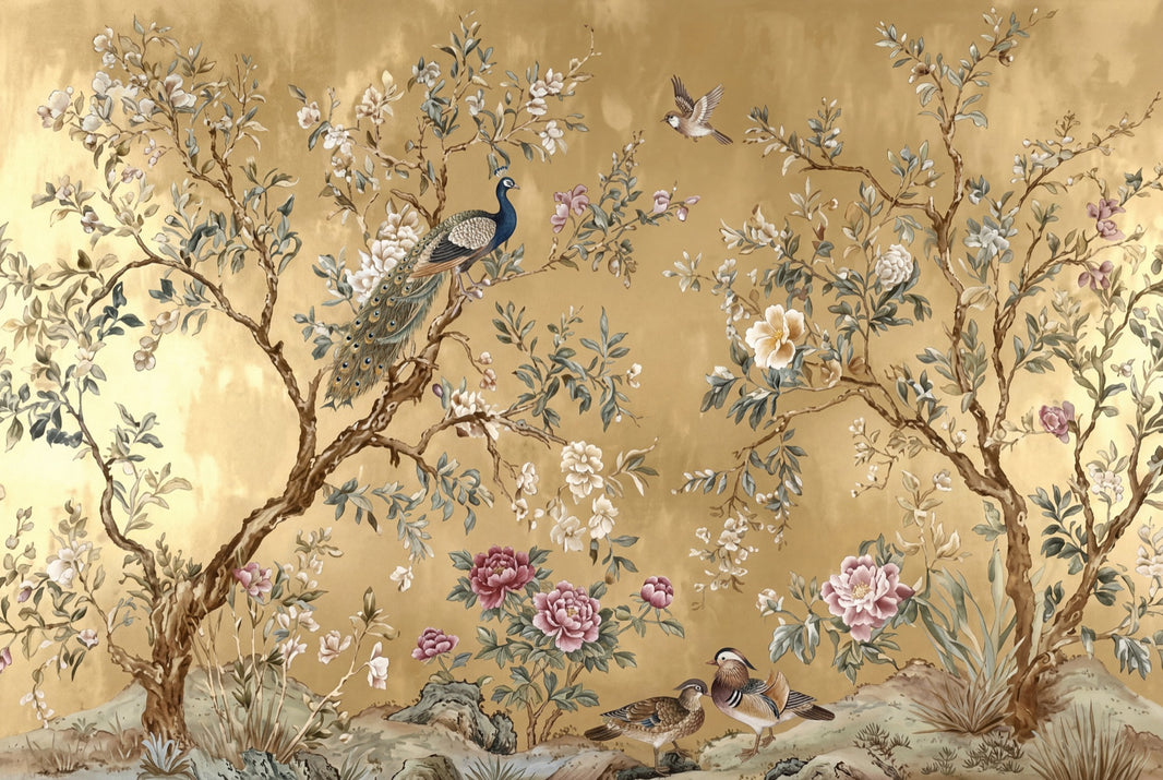 Chinoiserie Wallpaper Gold Background Oriental Garden Removable Wall Decor pattern artwork