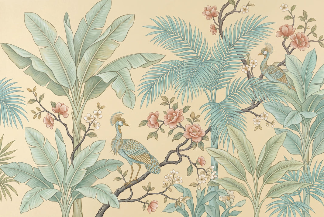 Tropical Botanical Wallpaper Peacocks Palm Fronds Wall Mural pattern artwork