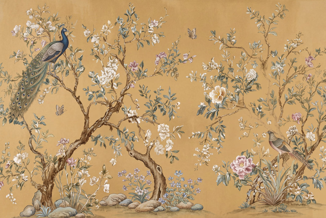 Chinoiserie Style Wallpaper Gold Background Vintage Illustration Wall Mural pattern artwork
