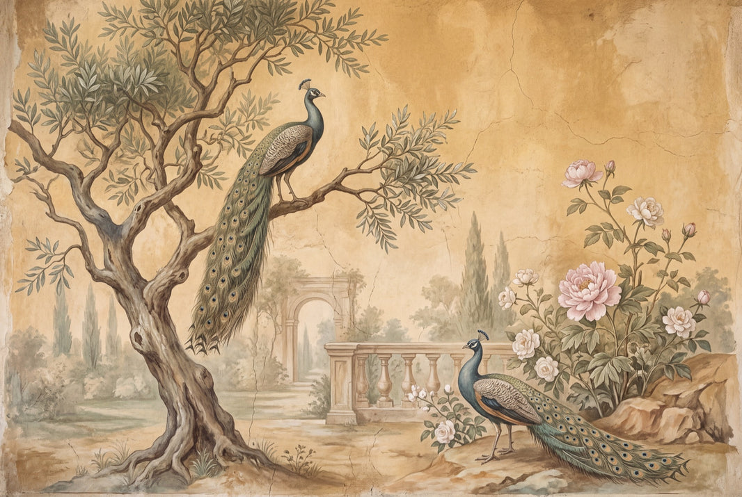 Vintage Fresco Wallpaper Classical Garden Peacocks Removable Wall Decor pattern artwork
