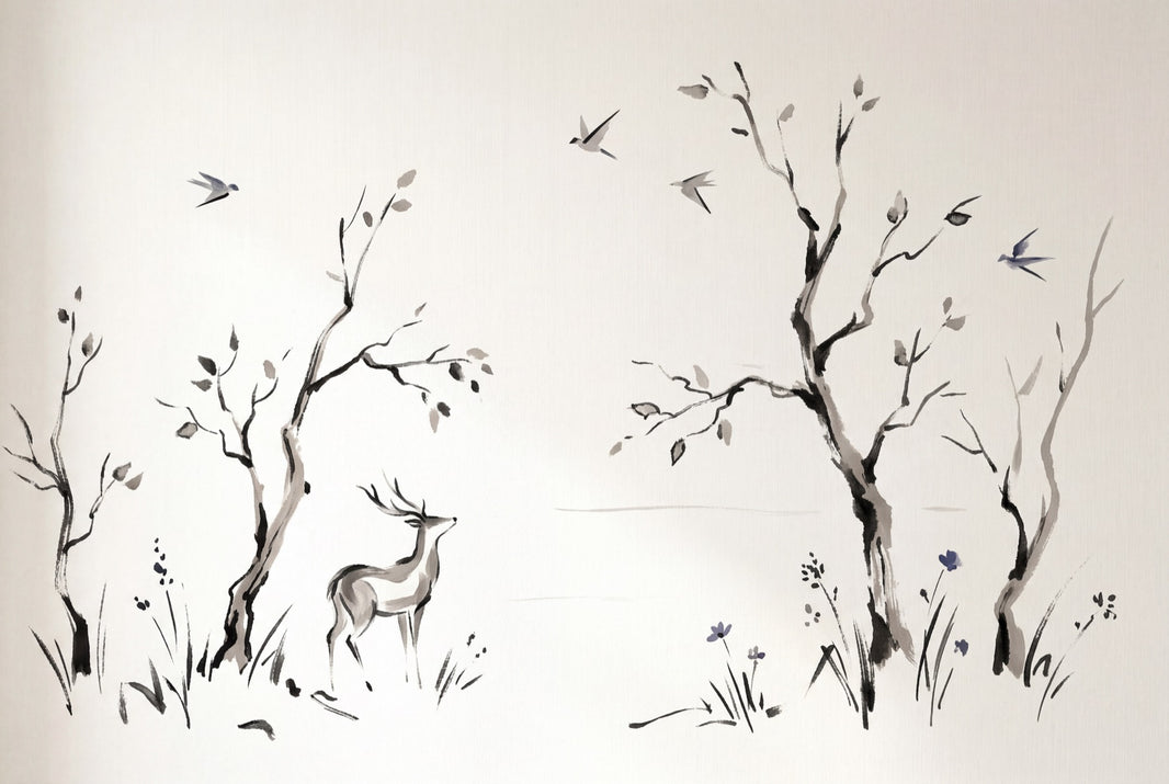 Minimalist Landscape Wallpaper Ink Wash Deer Wall Mural pattern artwork