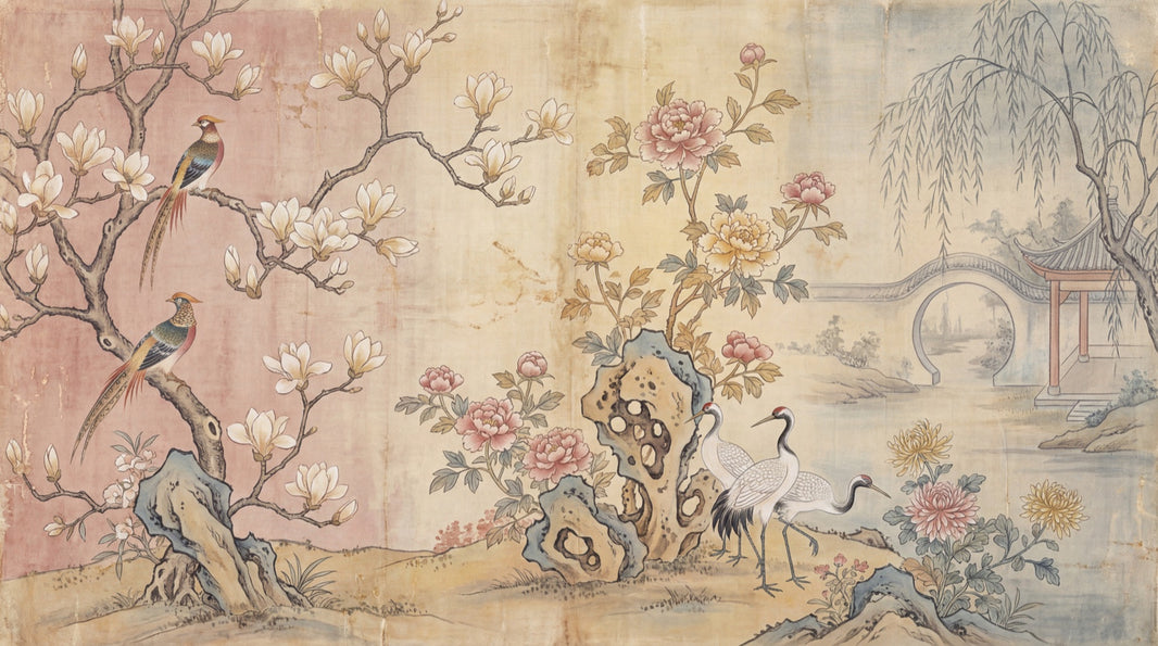 Chinoiserie Birds Wallpaper Asian Landscape Wall Decor pattern artwork