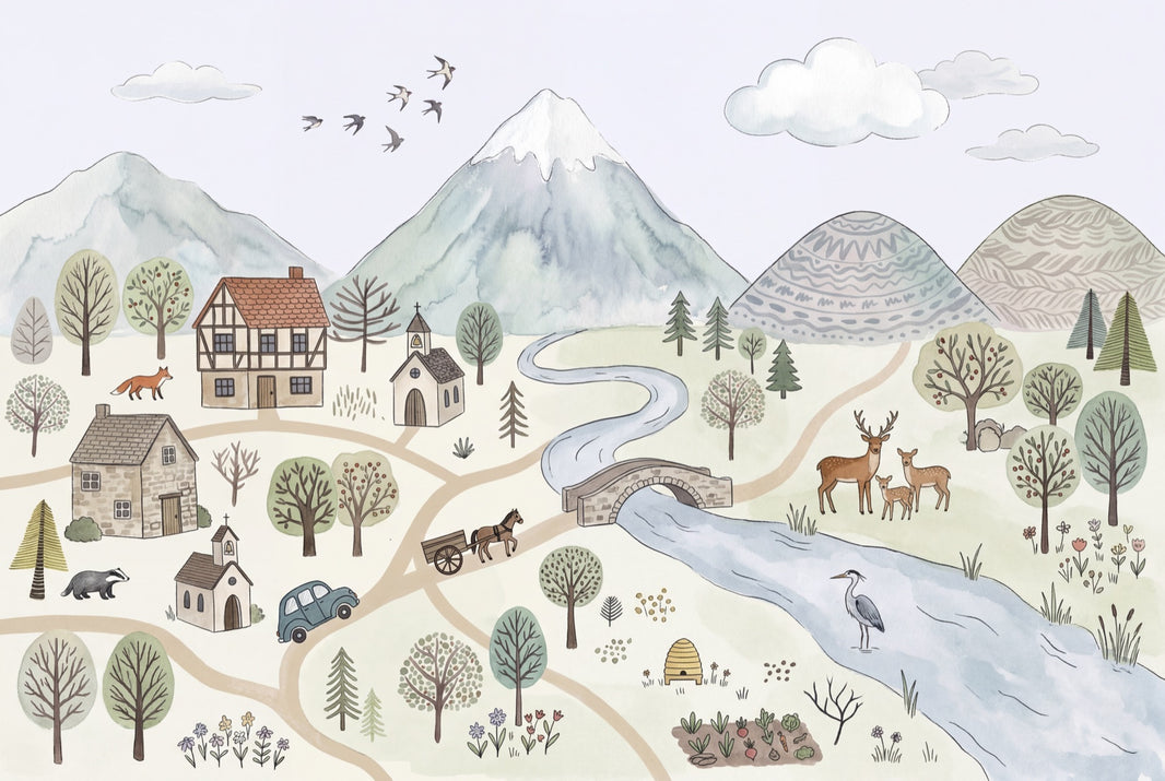 Pastel Landscape Wallpaper Watercolor Countryside Storybook Illustration Removable Wall Decor pattern artwork