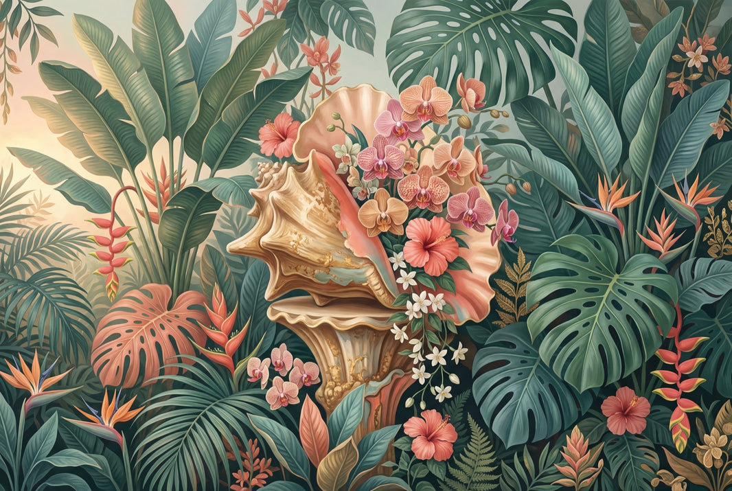 Tropical Botanical Wallpaper Jungle Leaves Orchids Wall Mural pattern artwork