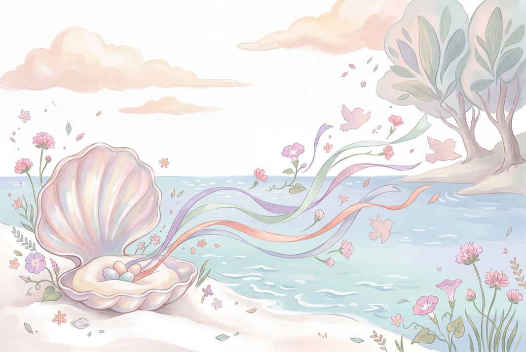 Pastel Seaside Wallpaper Open Seashell Whimsical Illustration Removable Wall Decor pattern artwork