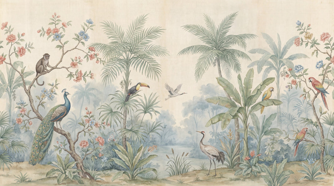Vintage Tropical Wallpaper Green Blue Removable Wall Decor pattern artwork