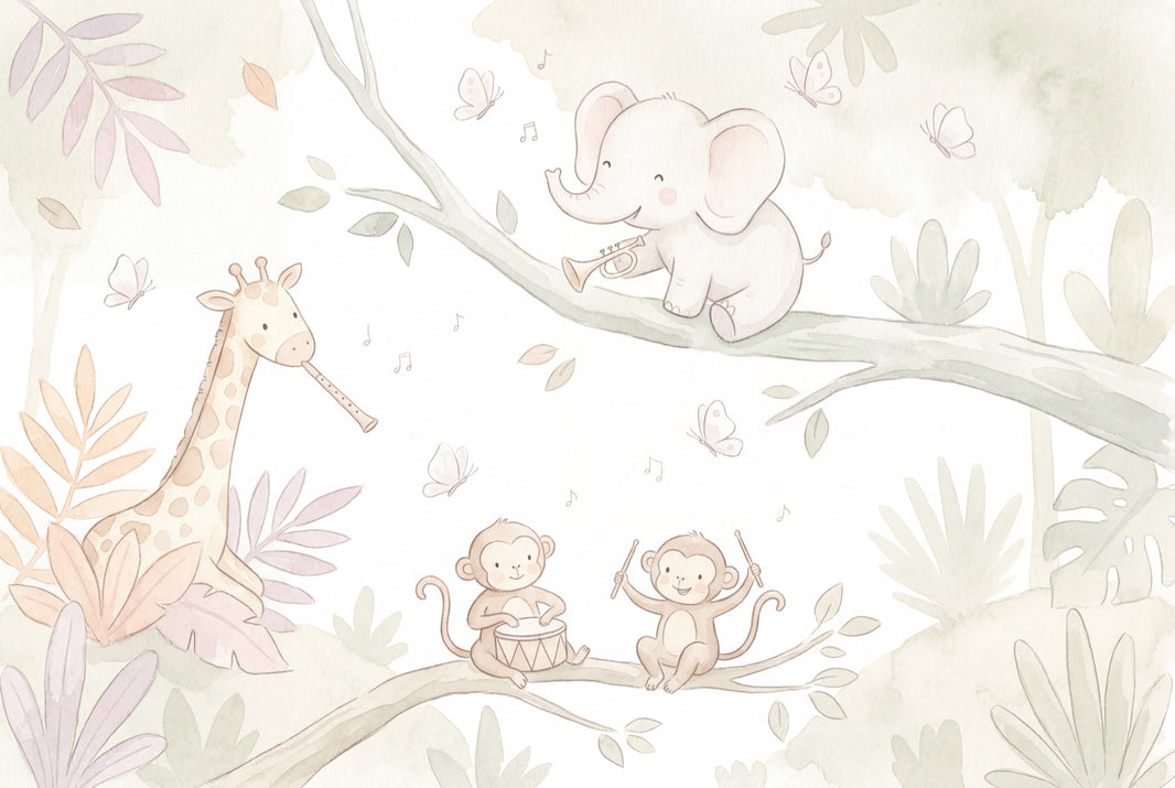 Nursery Wallpaper Jungle Animals Musical Instruments Removable Wall Decor pattern artwork