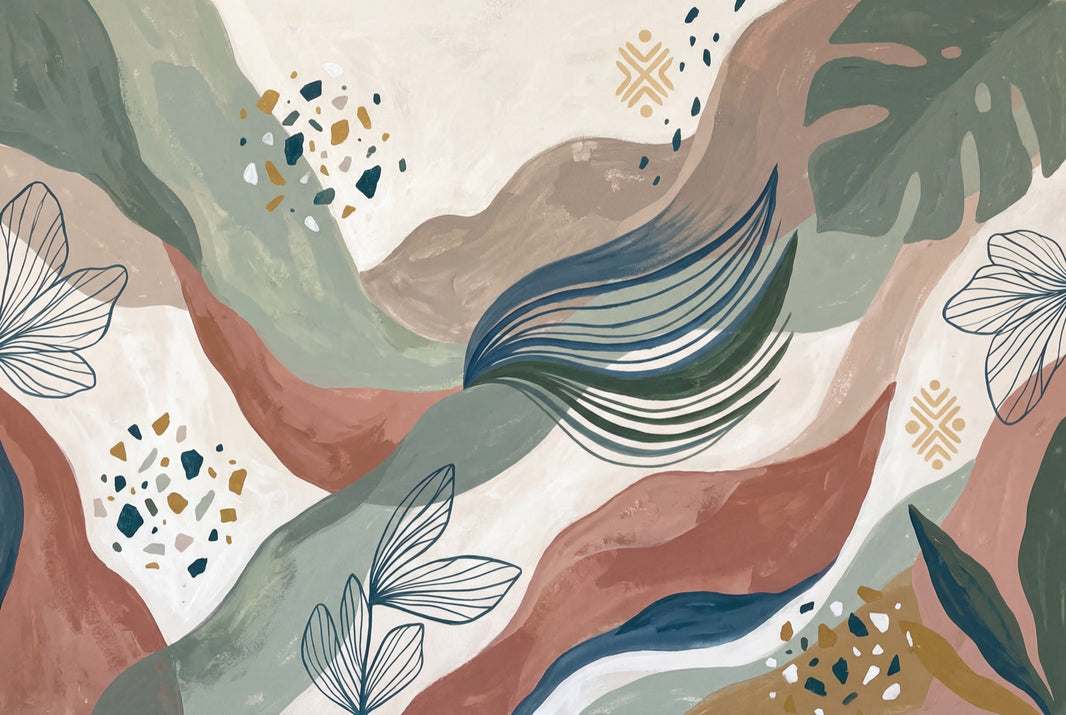 Abstract Botanical Wallpaper Organic Waves Painterly Brushstrokes Wall Mural pattern artwork