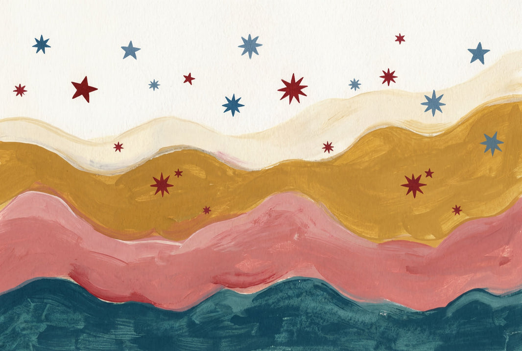 Abstract Landscape Wallpaper Wavy Layers Starburst Stars Removable Wall Decor pattern artwork