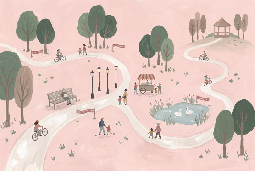 Pastel Park Landscape Wallpaper Pink Background Winding Path Wall Mural pattern artwork