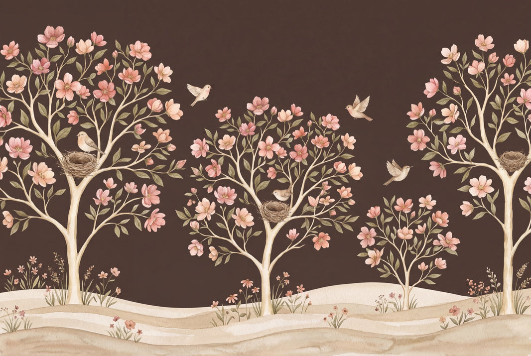 Storybook Mural Wallpaper Dark Brown Background Whimsical Garden Removable Wall Decor pattern artwork