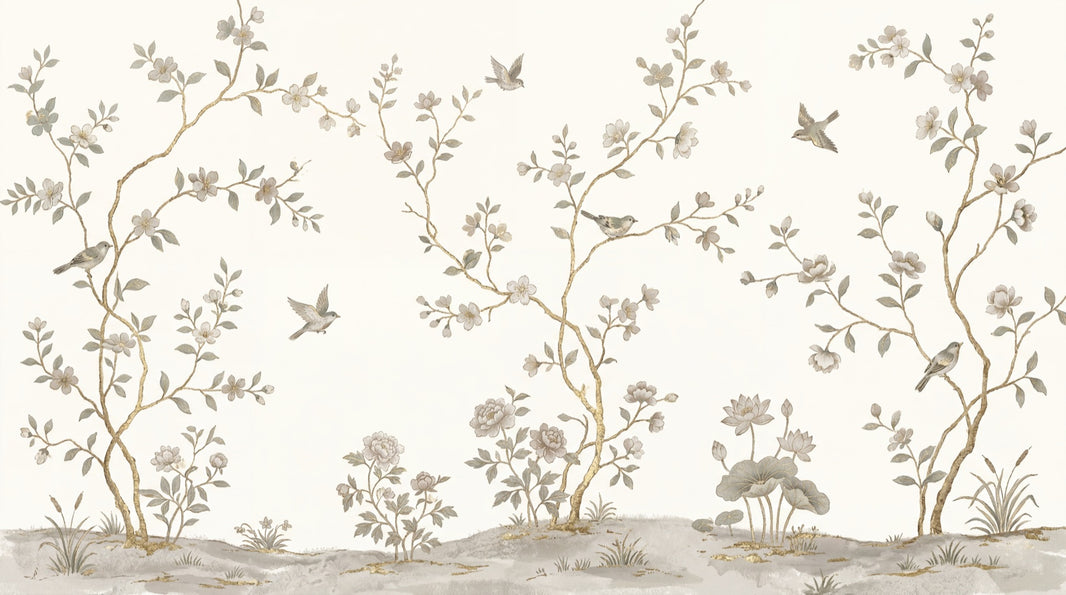 Chinoiserie Wallpaper Toile Garden Scene Hand Painted Vintage Removable Wall Decor pattern artwork