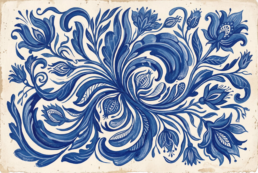 Blue And White Wallpaper Floral Scrollwork Removable Delft Inspired Wall Decor pattern artwork